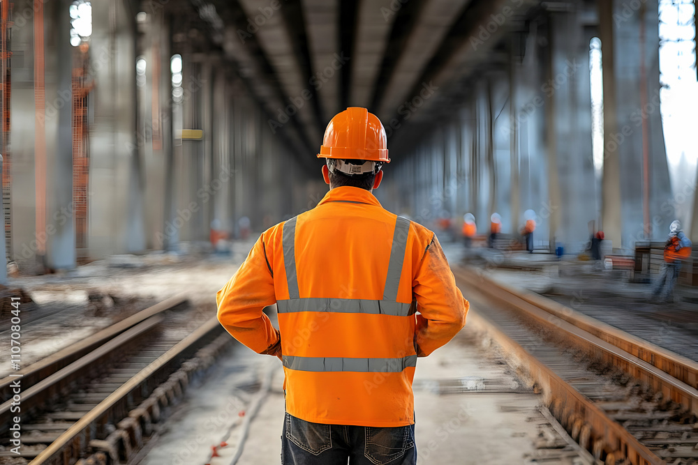Worker in safety gear observing railway construction site. Worker in safety gear observing railway construction site.