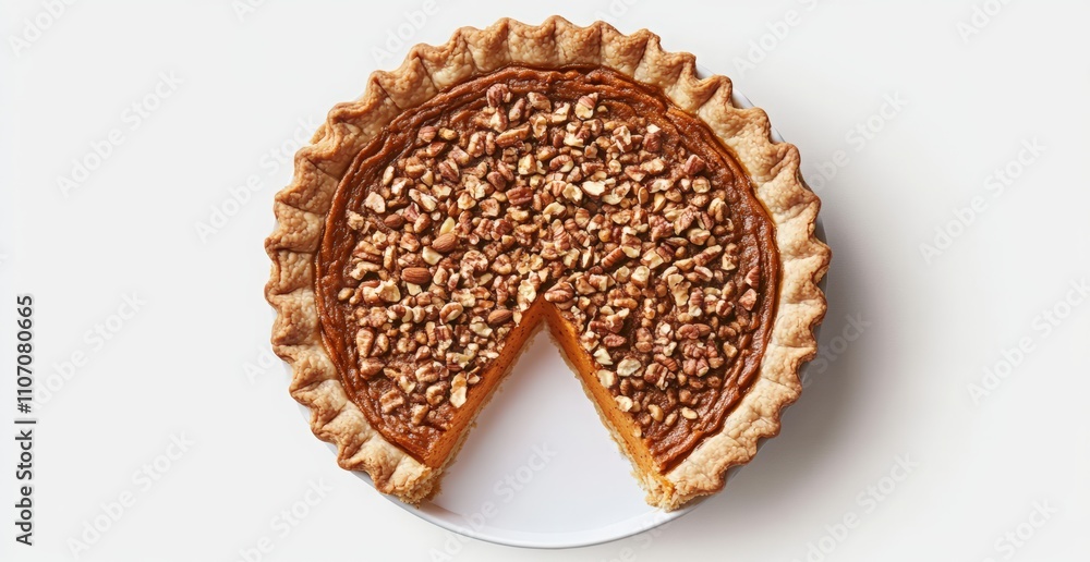 pumpkin pie with a slice cut out on a grey background. a sweet potato and corn leaf pie decorated with nuts. Christmas holiday party. 