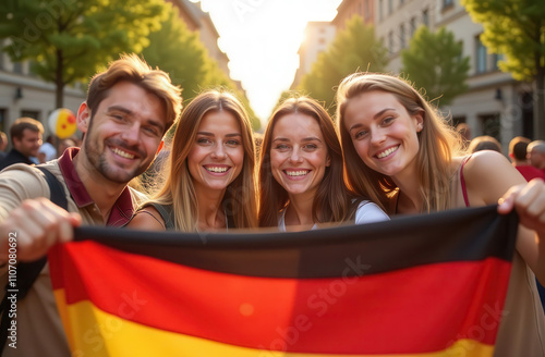Group of young people holding big flag of Germany looking at camera smiling. Learn german language, education in Germany, studentship, study abroad and travel concept.