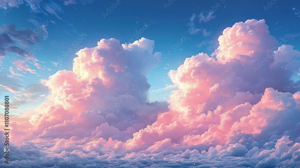 Gentle anime style clouds float across the sky, creating a breathtaking scene perfect for an anime wallpaper. Loop animation.
