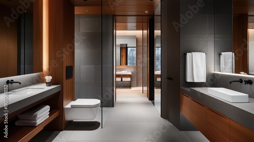 Wallpaper Mural Modern bathroom interior with sleek fixtures, minimalistic design, wooden cabinetry, wall-mounted toilet, double sinks, large mirrors, and ambient lighting Torontodigital.ca