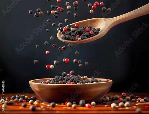 Black pepper pouring from a wooden spoon on a dark background photo