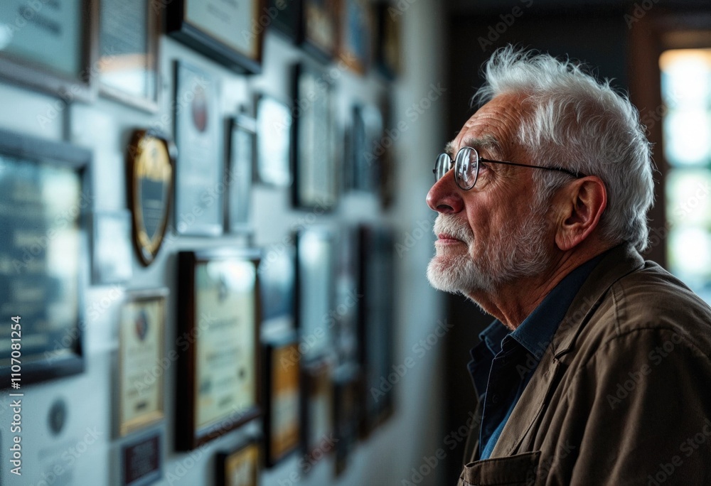 A man with glasses looking at a wall of framed awards
