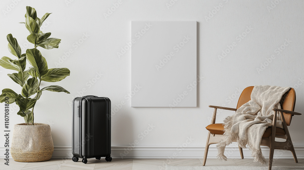 Fototapeta premium Blank canvas mounted on a white wall, with a chair and a cozy throw blanket placed nearby