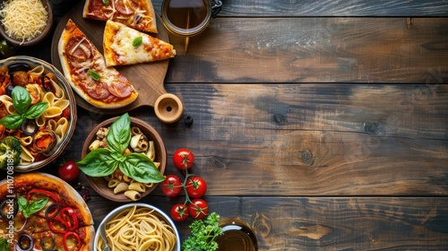 Tasty Italian cuisine options with pizzas and pastas on dark wood background. Plenty of room for text.