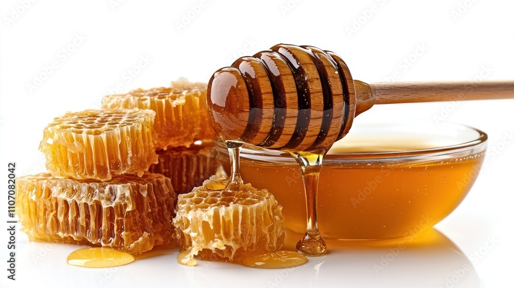Honeycomb pieces and honey dripping from wooden dipper into bowl. Honeycomb pieces and honey dripping from wooden dipper into bowl.