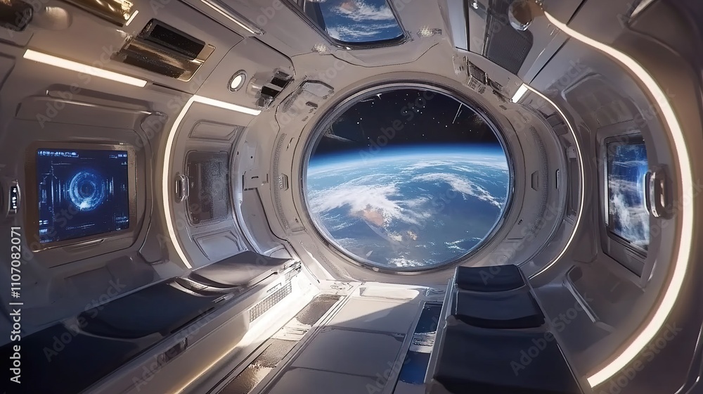 Spaceship interior with Earth view from porthole. Spaceship interior with Earth view from porthole.