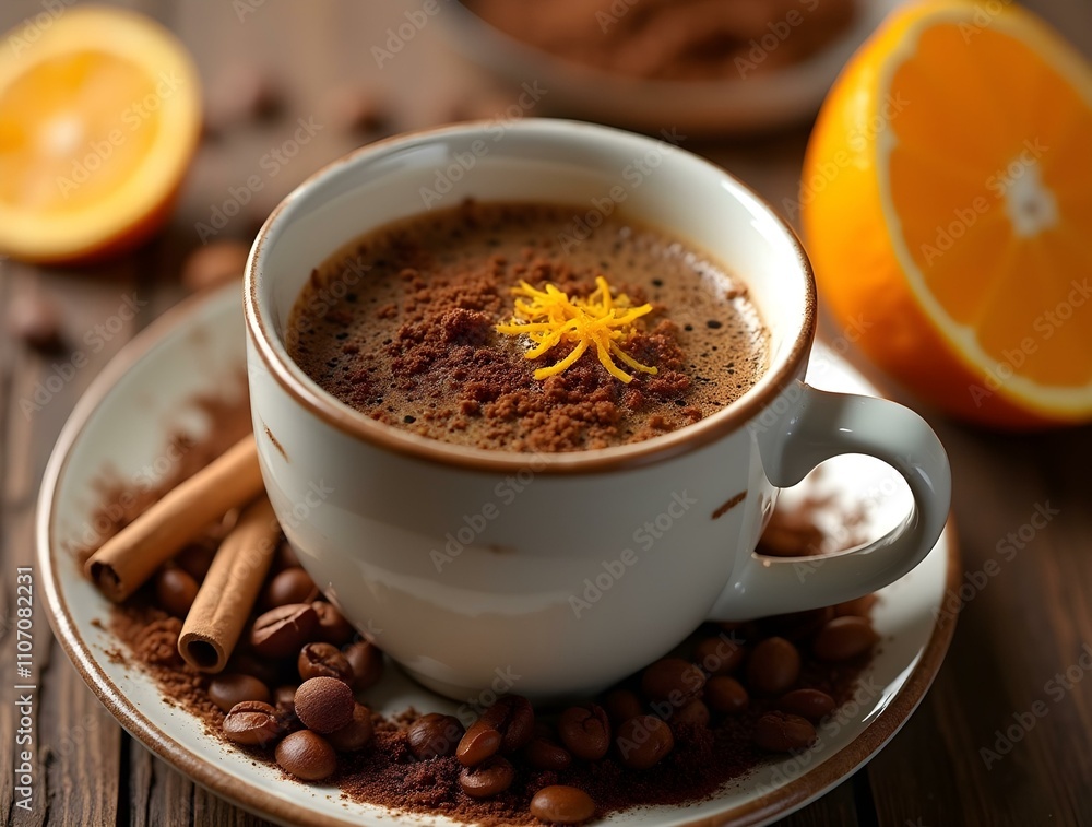 A cup of steaming hot chocolate topped with a generous amount of cocoa powder. The cup is placed on a saucer next to slices of orange and cinnamon sticks. A cup of steaming hot chocolate topped with a generous amount of cocoa powder. The cup is placed on a saucer next to slices of orange and cinnamon sticks.