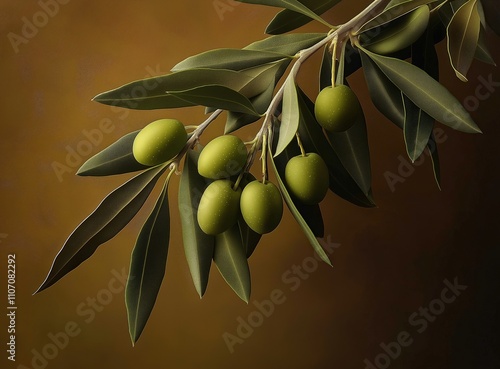 Close-up of an olive branch with green olives and leaves photo