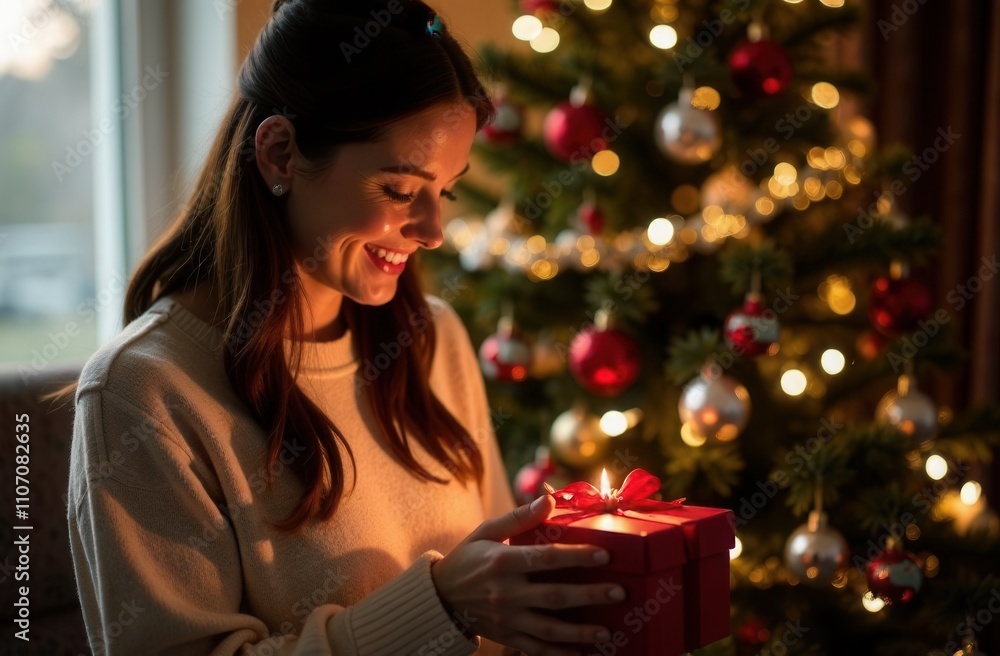A woman joyfully holds a wrapped gift by a decorated Christmas tree A woman joyfully holds a wrapped gift by a decorated Christmas tree