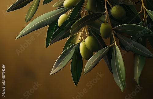 Close-up of an olive branch with green olives and leaves photo