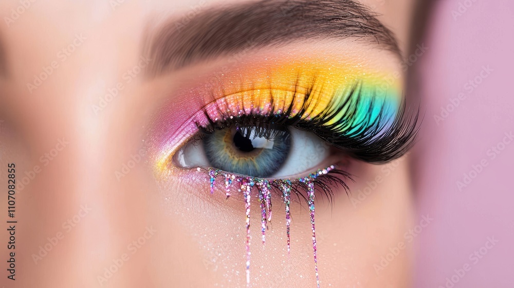 Eye Makeup Art Close up of an eye with rainbow colored false eyelashes and sparkling glitter, adding a touch of drama and glamour to the makeup look. Eye Makeup Art Close up of an eye with rainbow colored false eyelashes and sparkling glitter, adding a touch of drama and glamour to the makeup look.