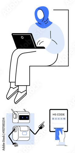 Woman in hijab using laptop futuristic robot pointing, hand inserting card into HS code device. Ideal for technology, automation, AI, modern work, coding, e-commerce, education. Line metaphor