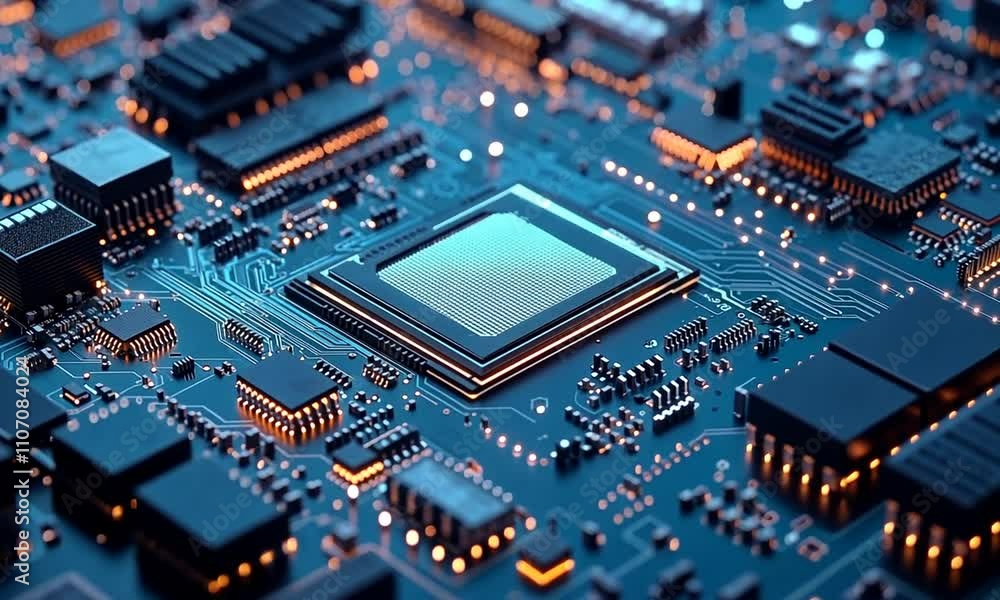 A close-up of a computer chip on a circuit board, highlighting technology and design. A close-up of a computer chip on a circuit board, highlighting technology and design.