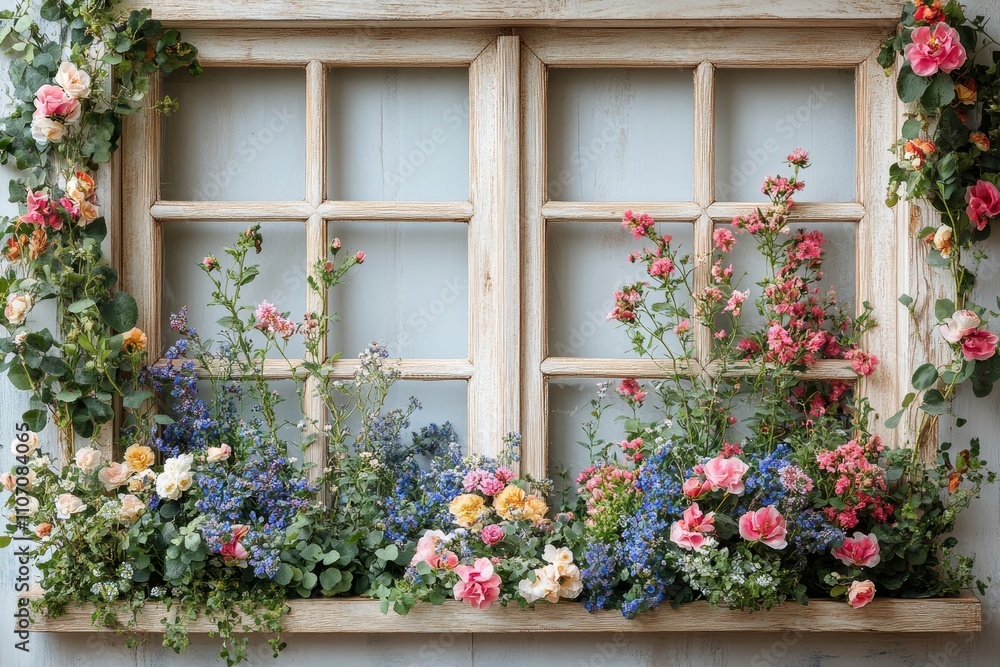 Naklejka premium Floral Window Box: A Rustic Spring Garden Delight