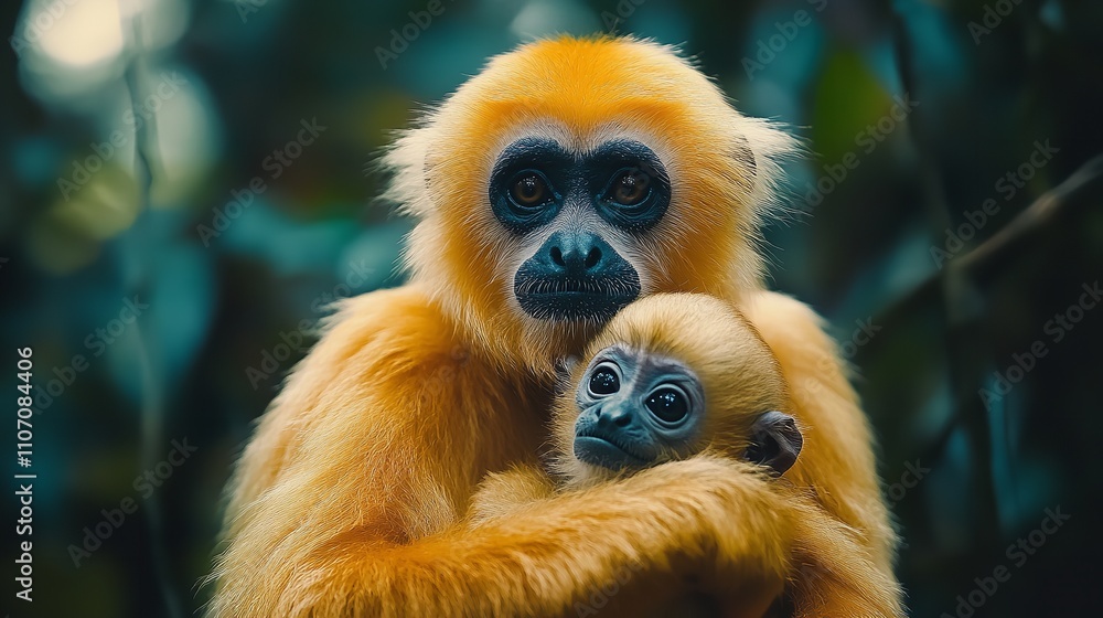 A tender moment between a mother gibbon and her baby, showcasing their affectionate bond in a lush green environment. A tender moment between a mother gibbon and her baby, showcasing their affectionate bond in a lush green environment.
