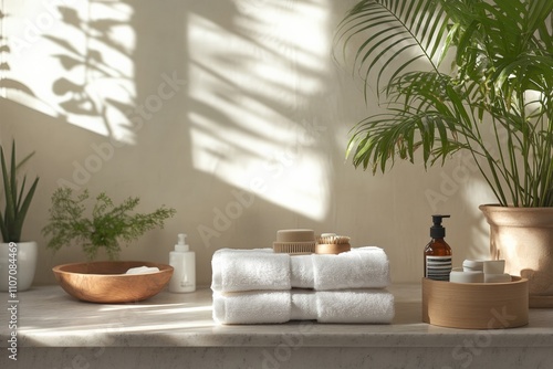 Clean towels, face masks, and organic products in a tranquil spa setting.
