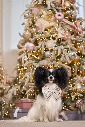 A beautiful white papillon with black ears sitting with Christmas decorations. New year of the dog. Cute puppy with long hair. Studio image.