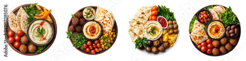 Mediterranean platter featuring hummus, falafel, pita, and fresh vegetables, showcasing vibrant colors and diverse textures, perfect for sharing and enjoying