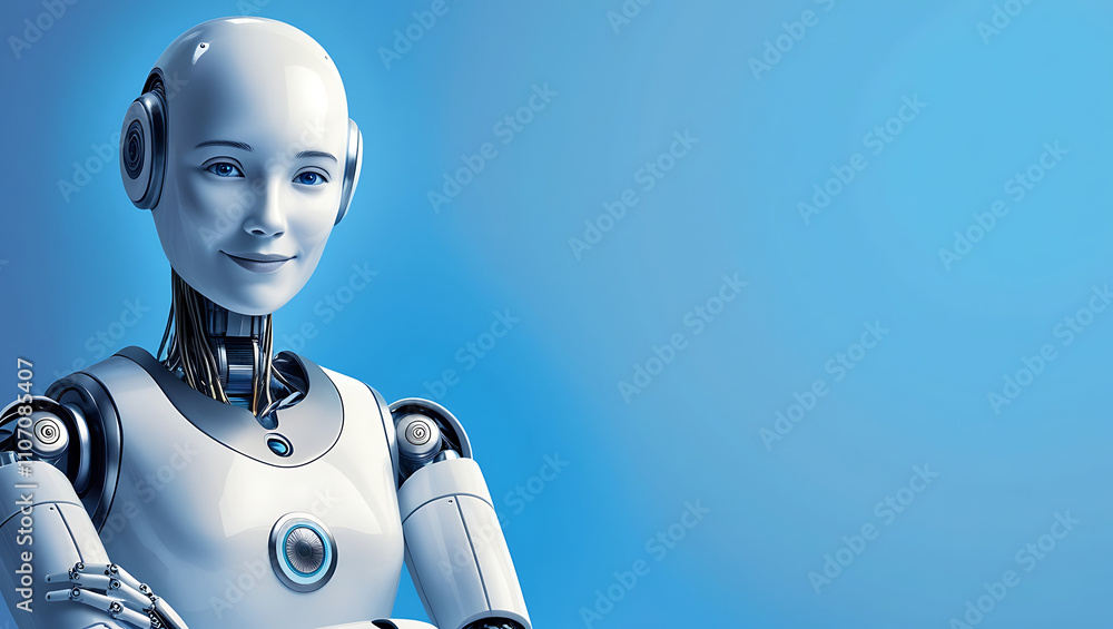 Artificial Intelligence with Folded Hands on Blue Background copy space, robot copy space background, humaniod Artificial Intelligence with Folded Hands on Blue Background copy space, robot copy space background, humaniod