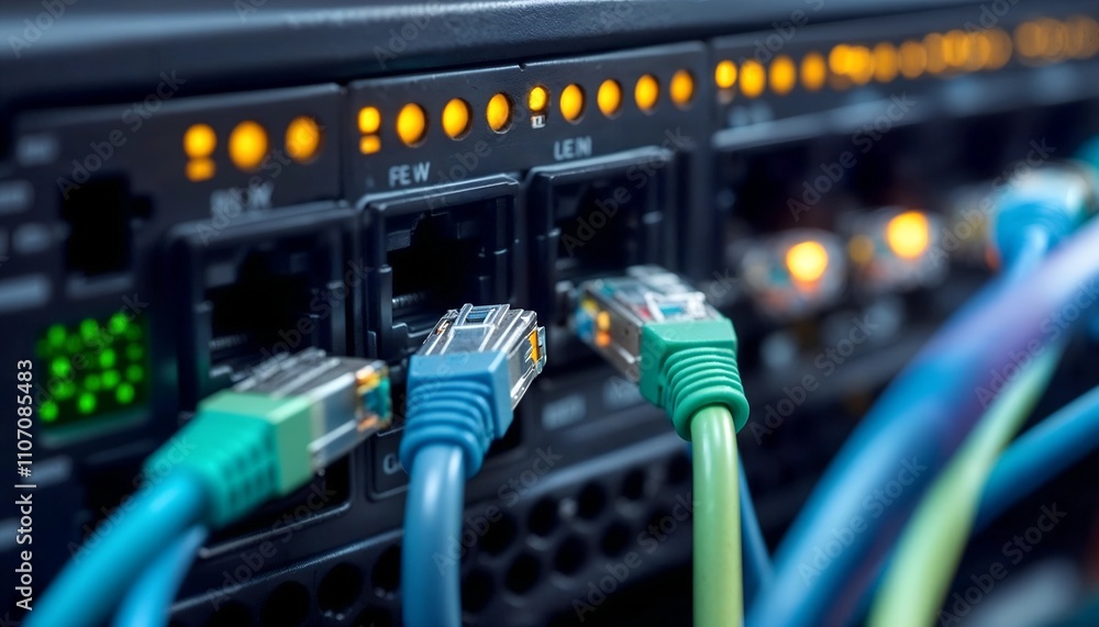Closeup of network hub with Ethernet cables and ports Closeup of network hub with Ethernet cables and ports
