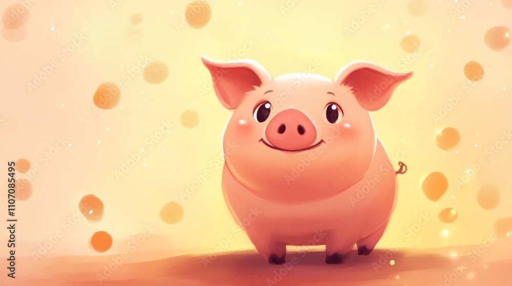 Adorable cartoon pig with a big smile stands on a light orange background with gold dots. Adorable cartoon pig with a big smile stands on a light orange background with gold dots.