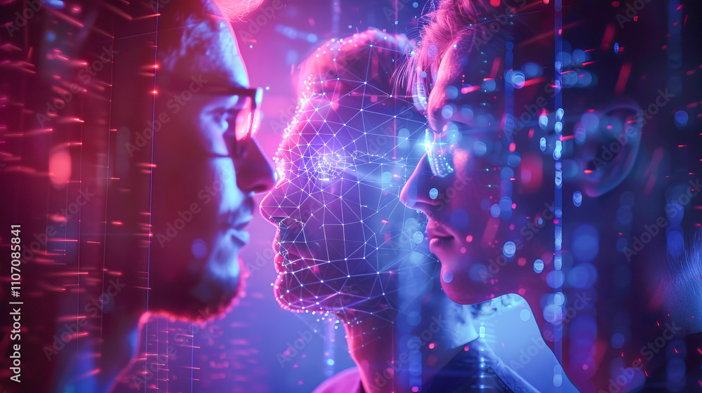 Businessmen negotiating futuristic agreement with ai hologram Businessmen negotiating futuristic agreement with ai hologram
