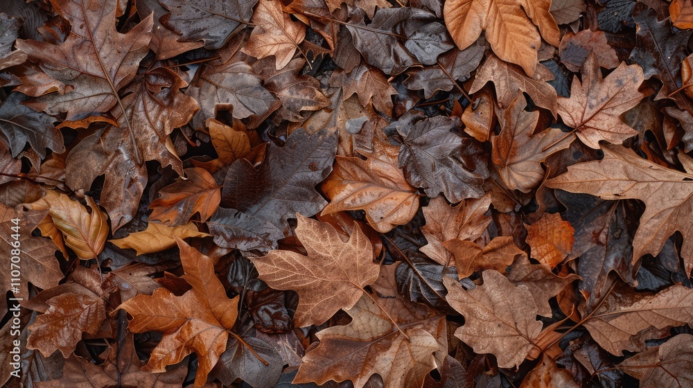 Brown wet leaves with a textured appearance are on the ground. Brown wet leaves with a textured appearance are on the ground.