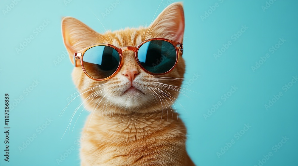 © zainabstockwork - A ginger cat wearing glasses against a light blue background © zainabstockwork - A ginger cat wearing glasses against a light blue background