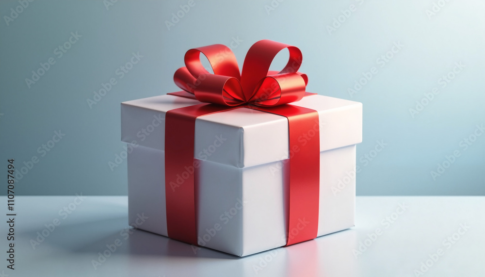 Elegant white gift box with red ribbon, symbolizing surprise and joy, against a soft blue background Elegant white gift box with red ribbon, symbolizing surprise and joy, against a soft blue background