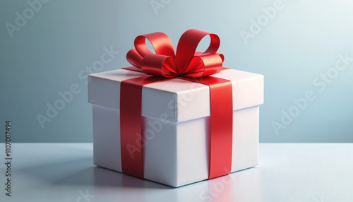 Elegant white gift box with red ribbon, symbolizing surprise and joy, against a soft blue background