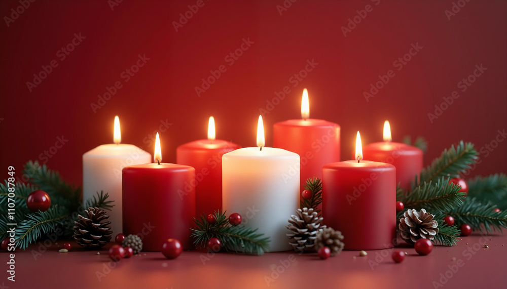 Festive candles in red and white colors with pine branches and decorations on red background Festive candles in red and white colors with pine branches and decorations on red background