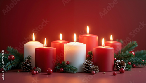 Festive candles in red and white colors with pine branches and decorations on red background