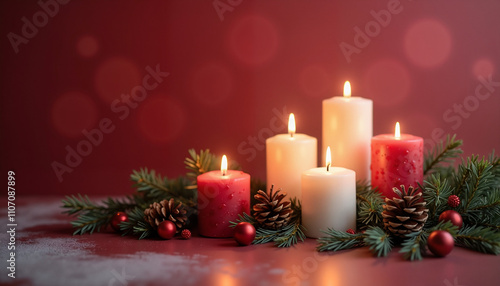 Decorative candles in red and white surrounded by pine branches and ornaments on blurred bokeh background