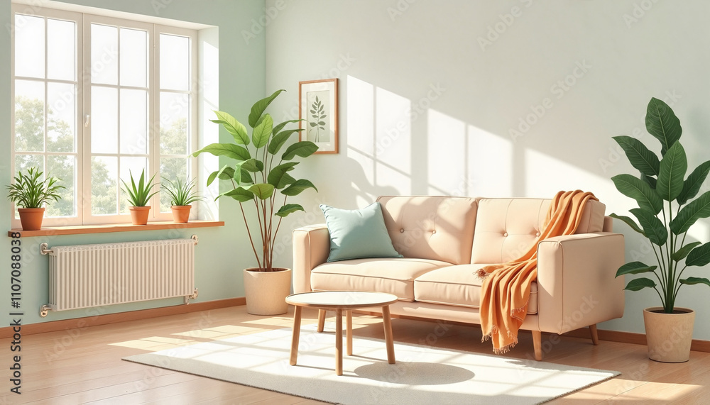 Fototapeta premium Cozy living room interior with beige sofa, plants, and natural light from window