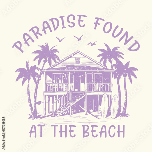 Paradise found at the beach, Sunrise surf club slogan text, Hawaii surf co, in summer surf text typography, tropical palm tree surfing sea retro t-shirt, Florida text with palm trees vector