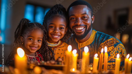 Smiling black father with daughters celebrating kwanzaa at night with candles