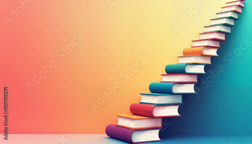 Colorful books arranged as a staircase on a vibrant gradient background