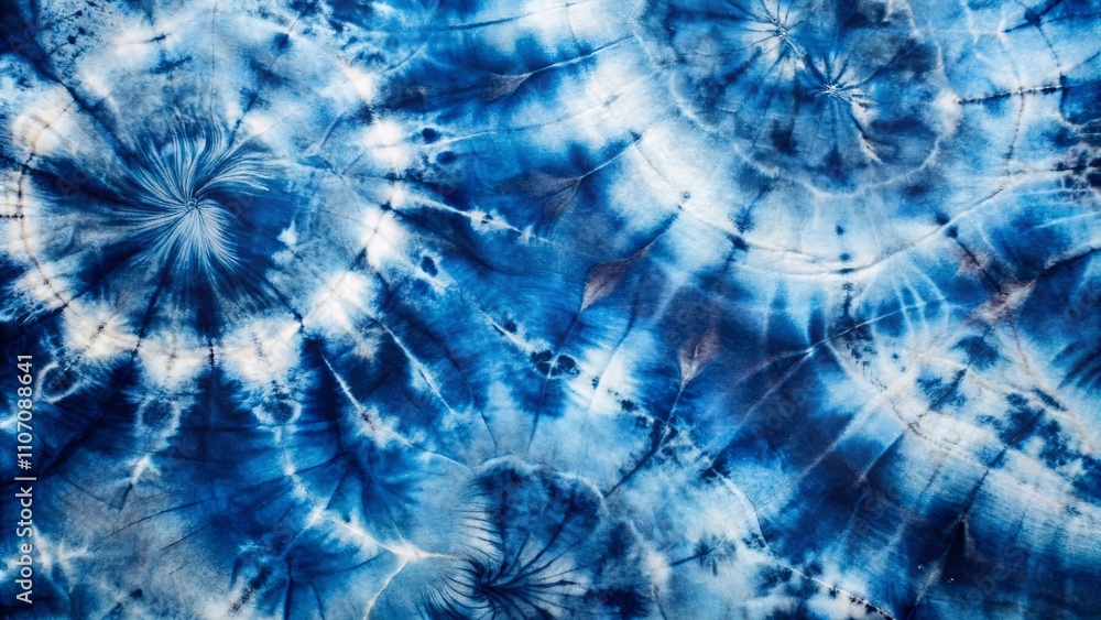 Fototapeta premium Abstract Indigo Tie-Dye Fabric Texture Background Featuring Swirls and Splashes of Color