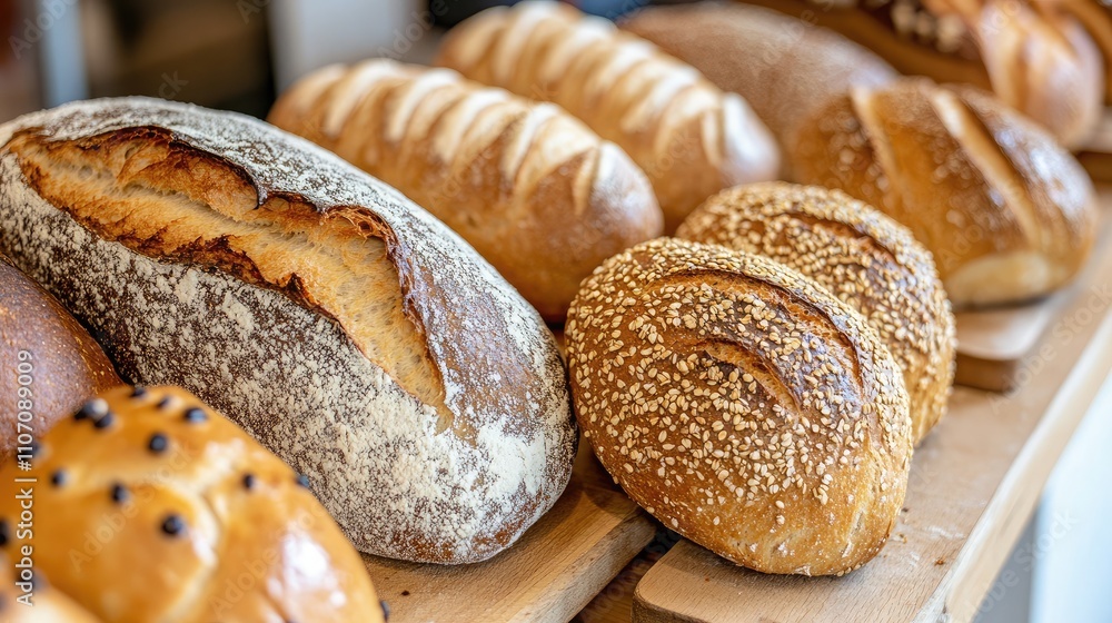 Freshly Baked Artisan Bread Varieties Displayed on a Rustic Wooden Table in a Warm Bakery Setting, Showcasing the Texture, Crust, and Color of Each Loaf