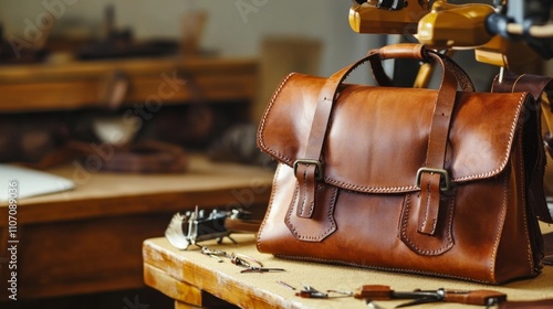 Detailed View of Artisan Leather Crafting Workspace and Bag photo