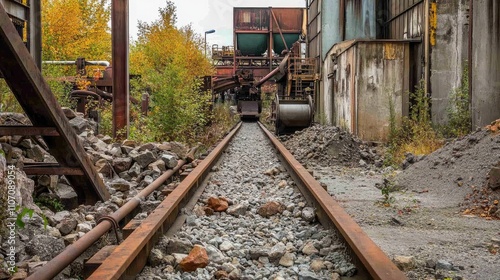 Overgrown Railway Tracks in Abandoned Industrial Area Surrounded by Nature, Showing Contrast Between Man-Made Structures and Natural Elements photo