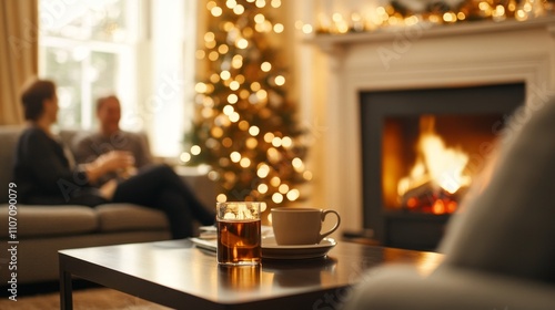 Friends gather in a cozy living room, sipping tea and enjoying the warmth of a fireplace amid festive decorations photo