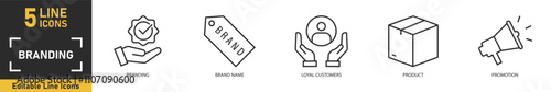 Branding line icon set. Set of 5 outline icons related to branding, brand name, loyal customers, product, promotion and more. Vector illustration.