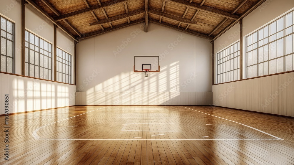 Bright and Spacious Indoor Basketball Court with Wooden Floor and High Ceilings, Perfect for Sports, Games, and Training Sessions in a Professional Environment Bright and Spacious Indoor Basketball Court with Wooden Floor and High Ceilings, Perfect for Sports, Games, and Training Sessions in a Professional Environment