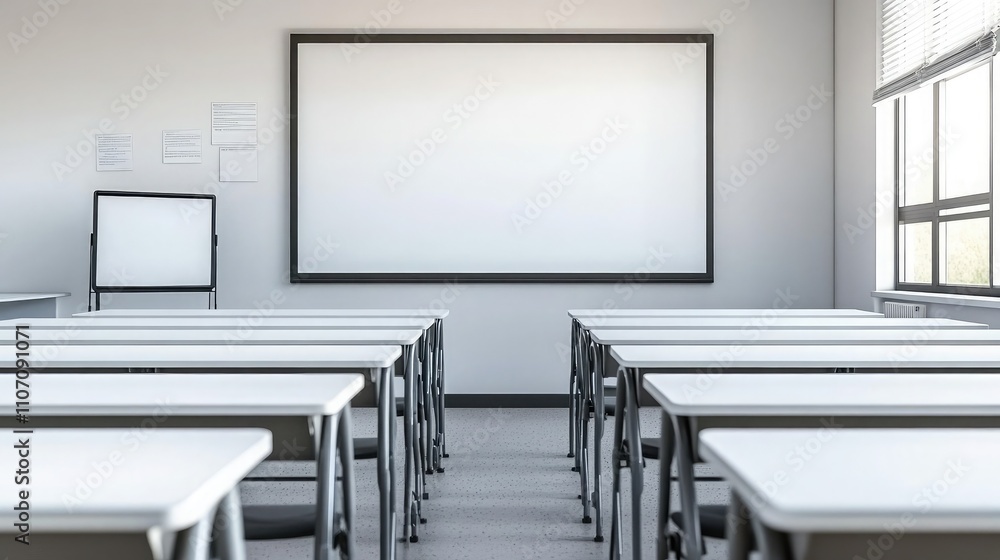 Bright and Modern Classroom Interior Featuring Desks, Blank Whiteboard, and Large Windows with Natural Light Flooding the Learning Environment Bright and Modern Classroom Interior Featuring Desks, Blank Whiteboard, and Large Windows with Natural Light Flooding the Learning Environment