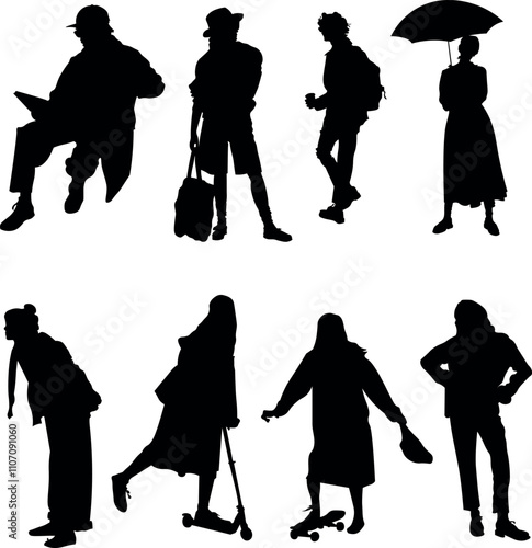 Silhouettes of people walking and standing in urban settings. A set of black silhouettes featuring people in various walking and standing poses, including individuals carrying bags, holding umbrellas.
