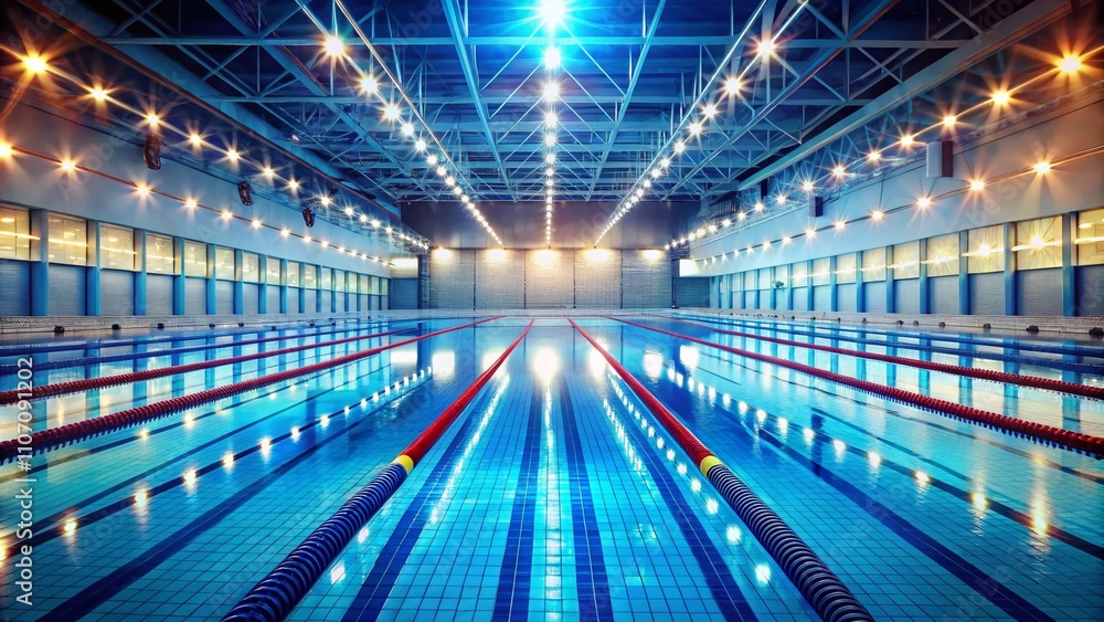 Scenic View of an Olympic Swimming Pool with Luminous Water and Clear Sky, Showcasing the Sport's Grandeur and Architectural Design in a High Depth of Field Perspective Scenic View of an Olympic Swimming Pool with Luminous Water and Clear Sky, Showcasing the Sport's Grandeur and Architectural Design in a High Depth of Field Perspective