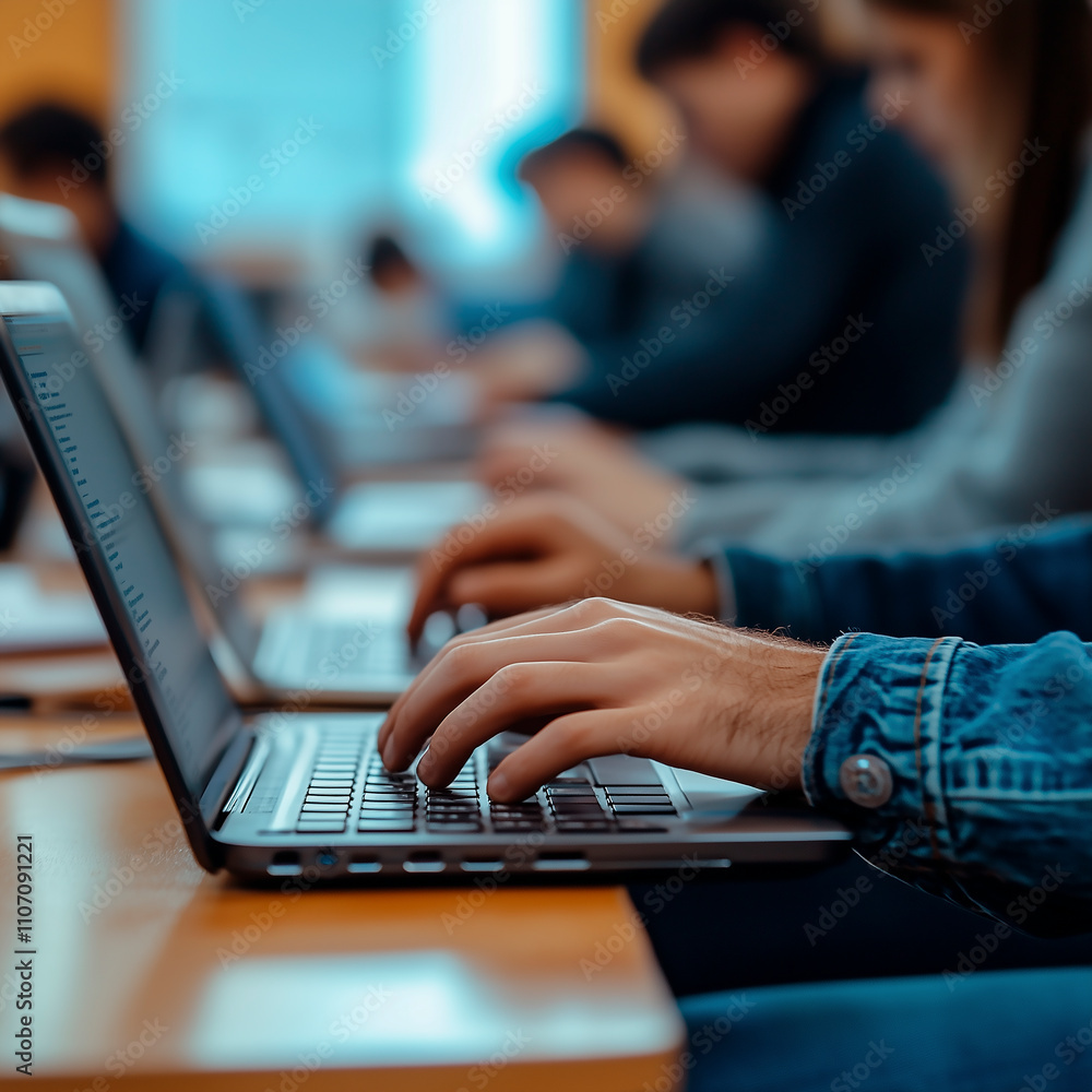 close up of students hands typing on laptops in lecture hall at school close up of students hands typing on laptops in lecture hall at school