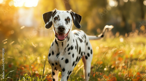 playful dalmatian dog enjoying bright day in grassy field